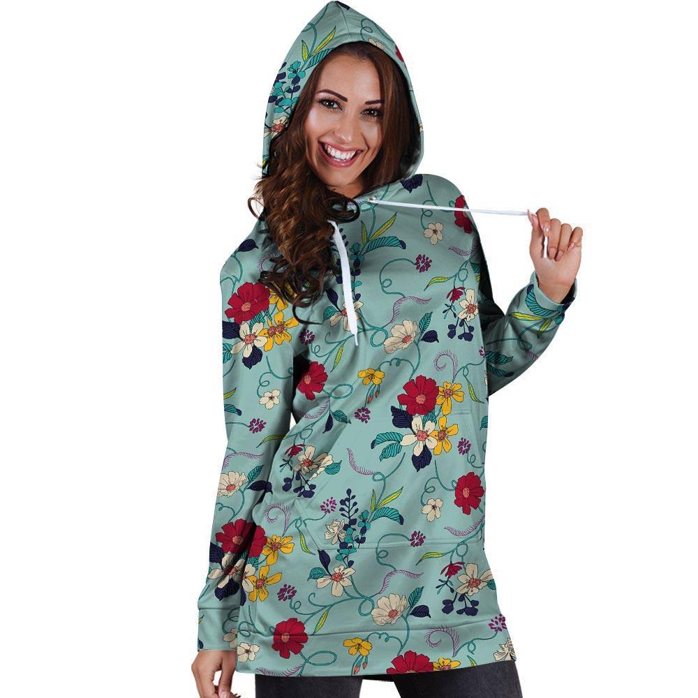 Floral Flower Print Hoodie Dress-grizzshop