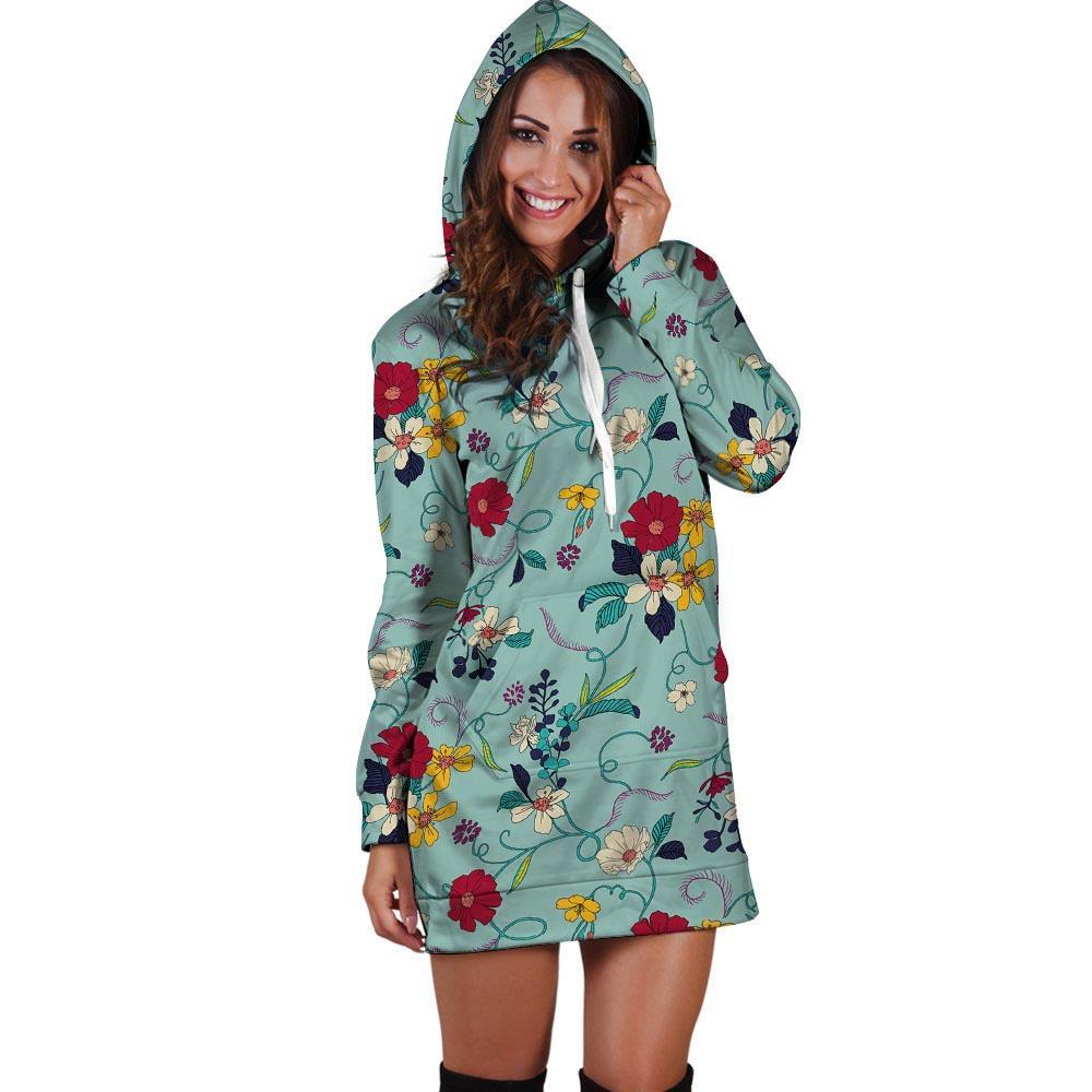 Floral Flower Print Hoodie Dress-grizzshop