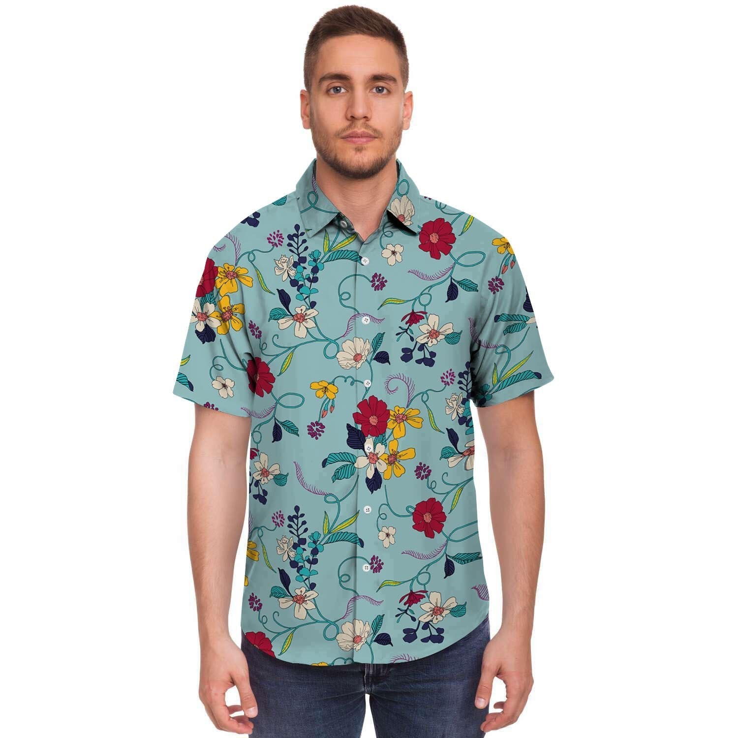 Floral Flower Print Men's Short Sleeve Shirt-grizzshop