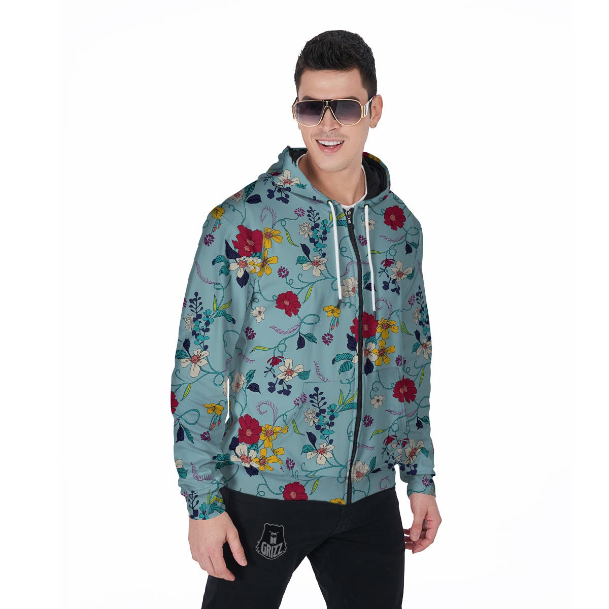 Floral Flower Print Men's Zip Up Hoodie-grizzshop