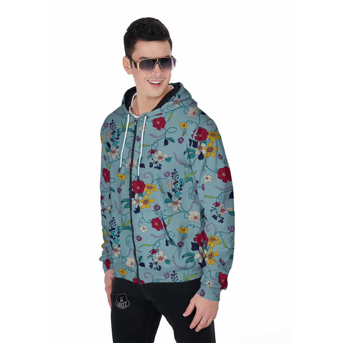 Floral Flower Print Men's Zip Up Hoodie-grizzshop