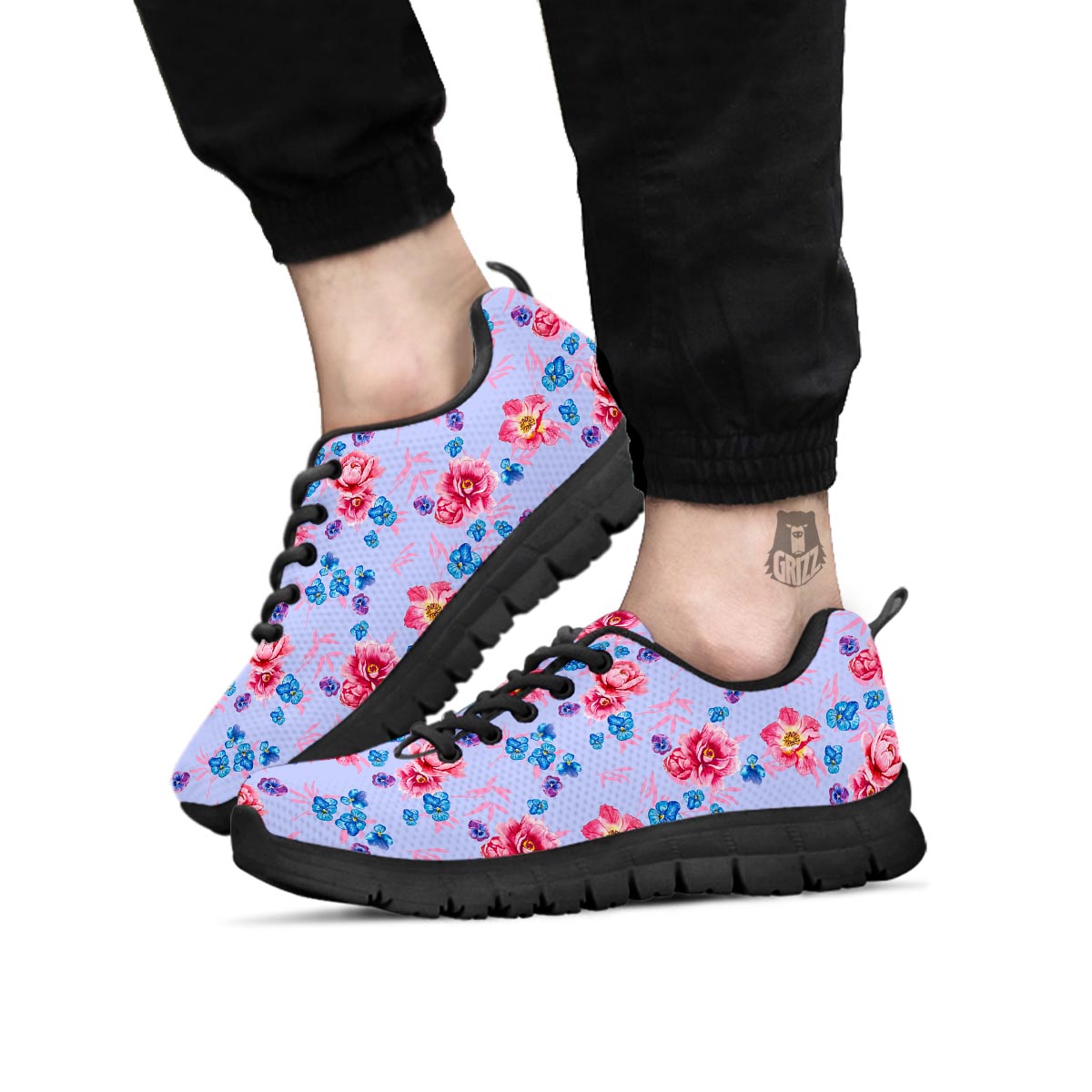 Floral Flower Rose Pansy Print Pattern Black Sneaker-grizzshop