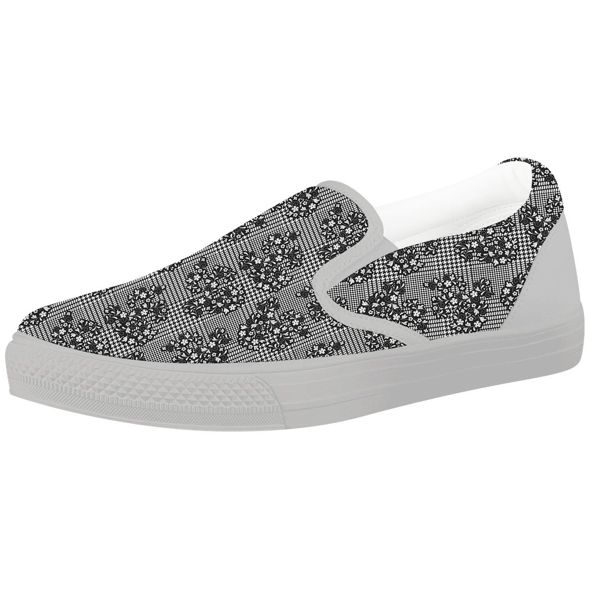 Floral Glen Plaid White And Black Print White Slip On Shoes-grizzshop