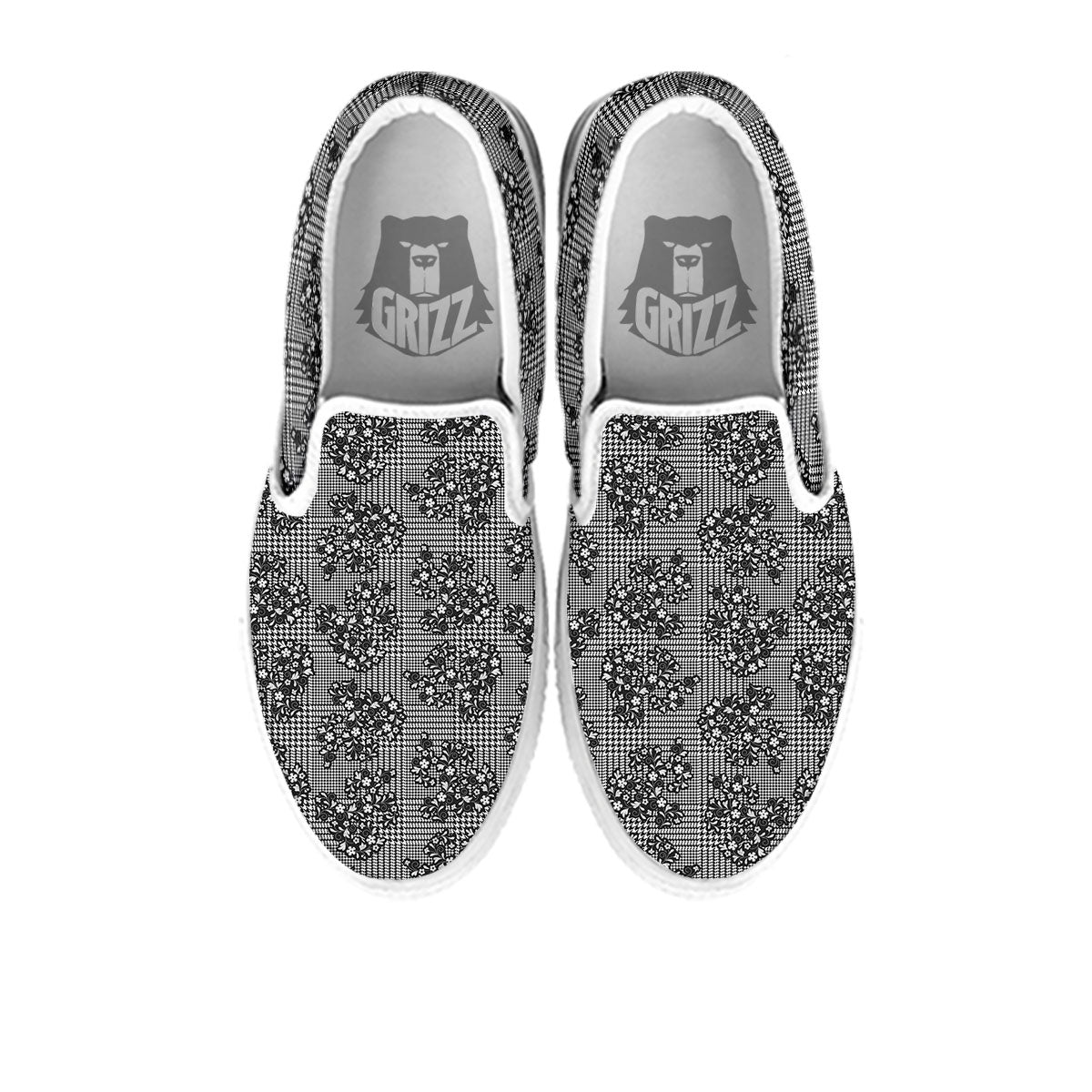 Floral Glen Plaid White And Black Print White Slip On Shoes-grizzshop