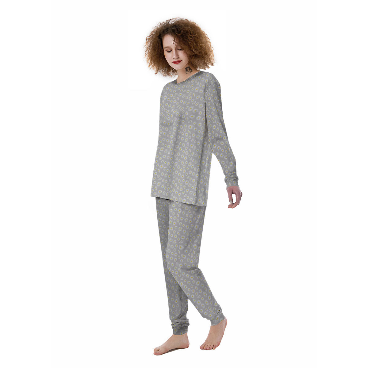 Floral Grey Daisy Print Pattern Women's Pajamas-grizzshop