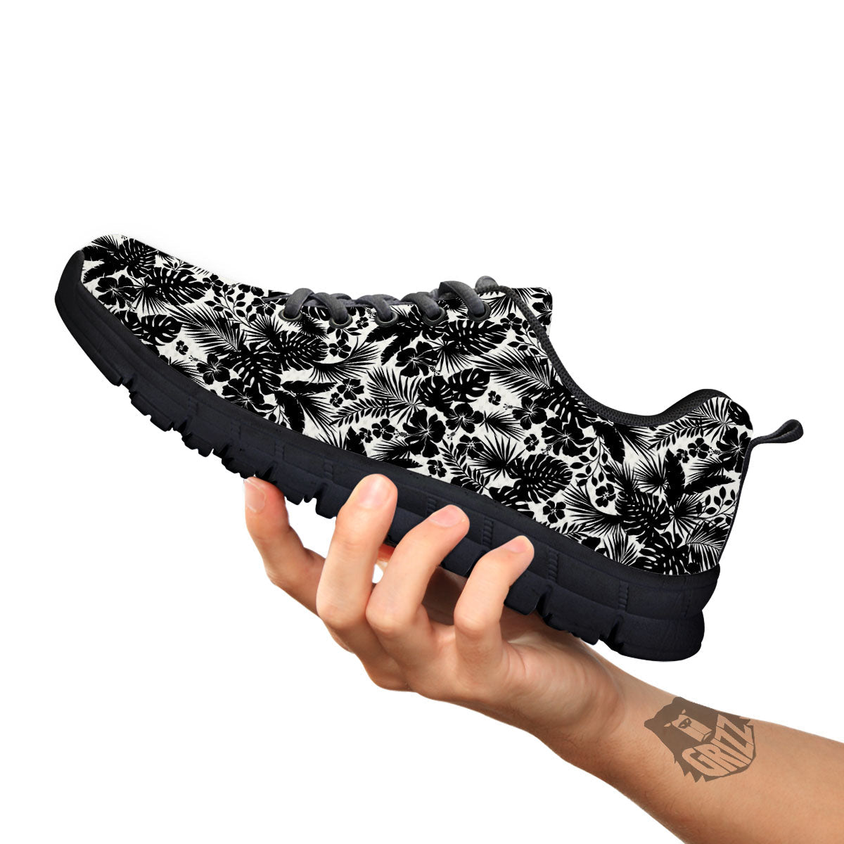 Floral Hawaiian Monochrome Print Pattern Black Sneaker-grizzshop