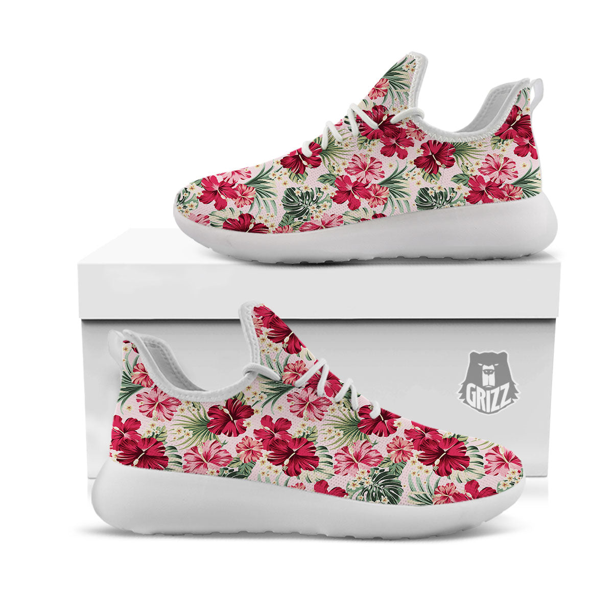 Floral Hibiscus Flower Print Pattern White Athletic Shoes-grizzshop