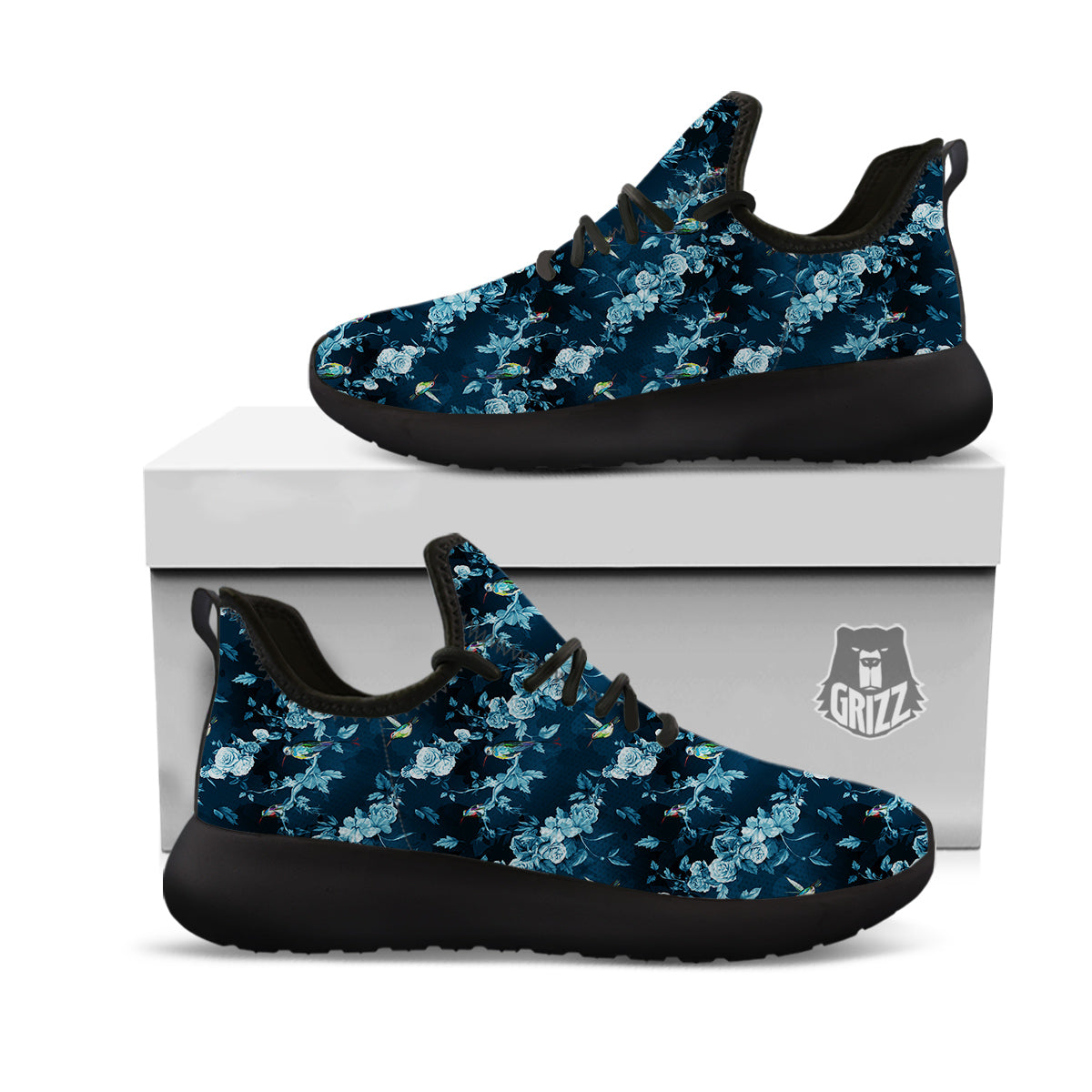 Floral Hummingbird Dark Blue Print Black Athletic Shoes-grizzshop