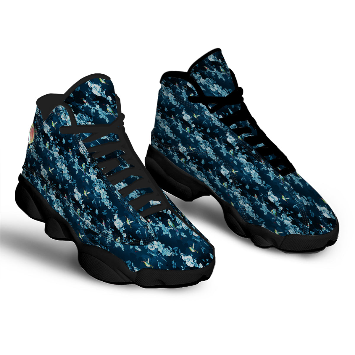 Floral Hummingbird Dark Blue Print Black Basketball Shoes-grizzshop