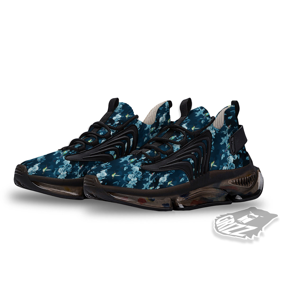 Floral Hummingbird Dark Blue Print Black Gym Shoes-grizzshop