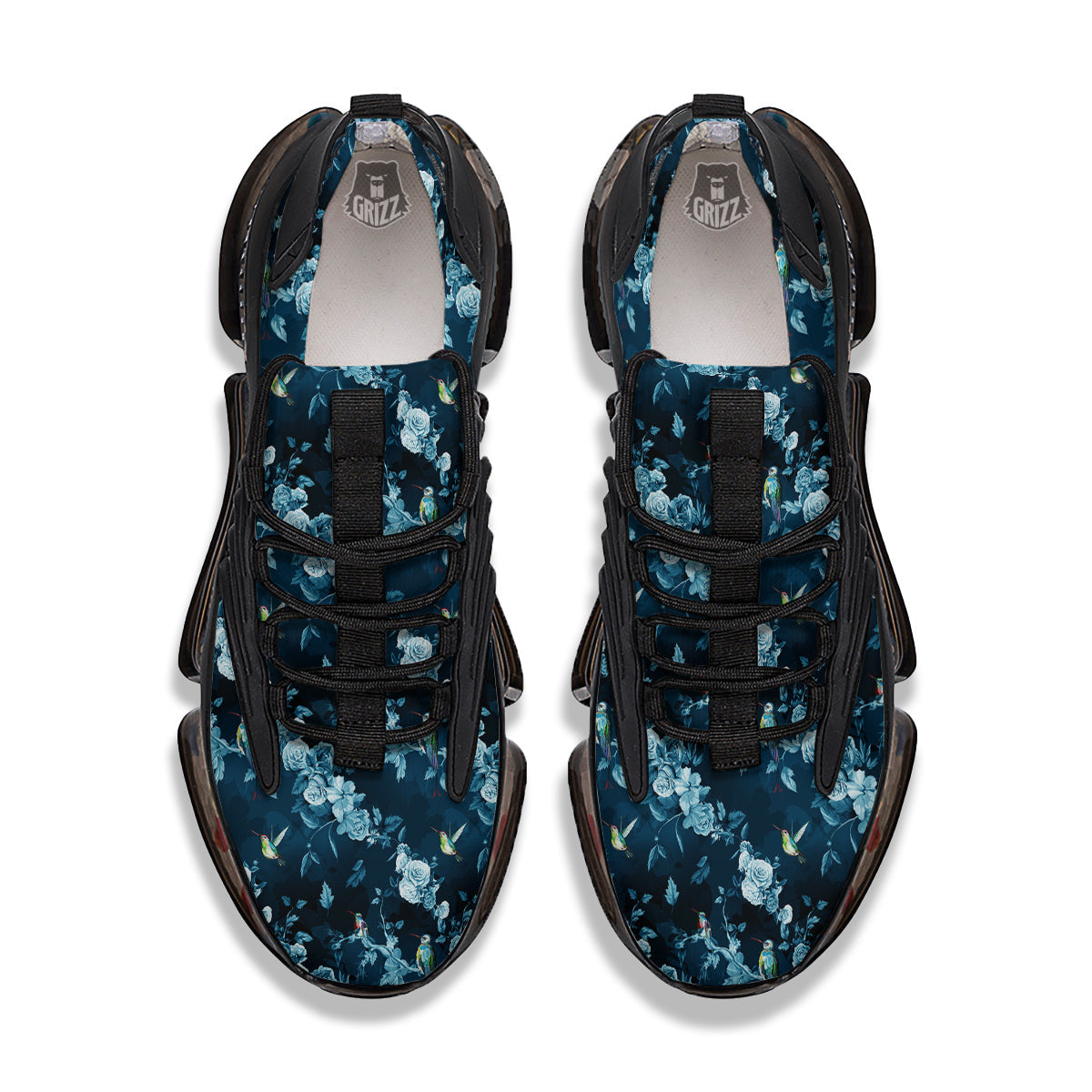 Floral Hummingbird Dark Blue Print Black Gym Shoes-grizzshop