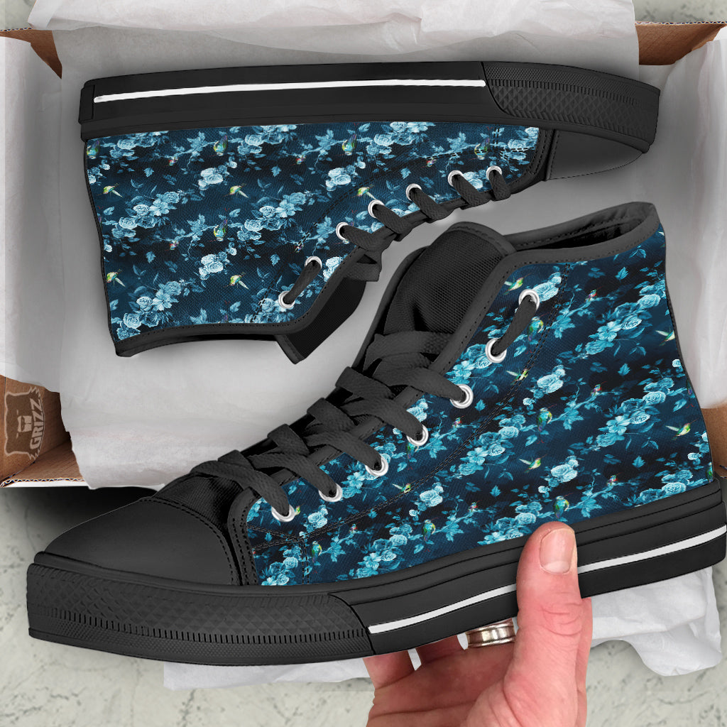 Floral Hummingbird Dark Blue Print Black High Top Shoes-grizzshop