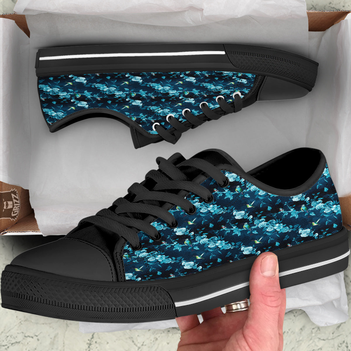 Floral Hummingbird Dark Blue Print Black Low Top Shoes-grizzshop