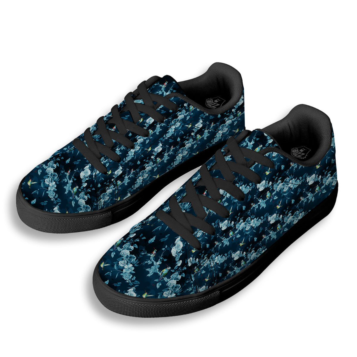 Floral Hummingbird Dark Blue Print Black Low Top Sneakers-grizzshop
