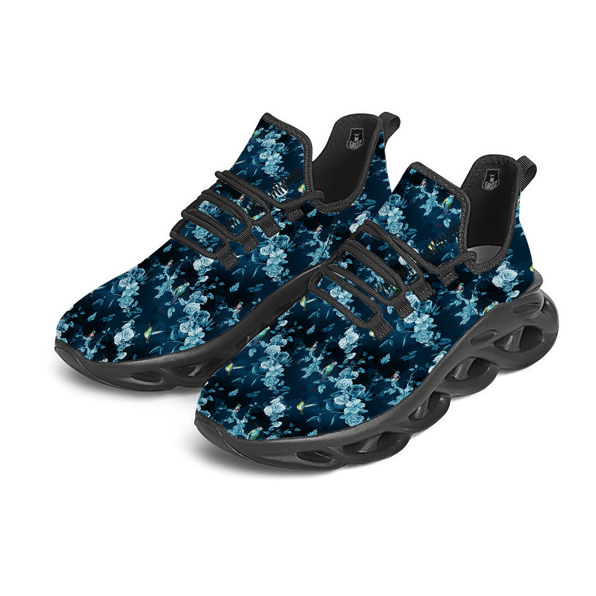 Floral Hummingbird Dark Blue Print Black Running Shoes-grizzshop