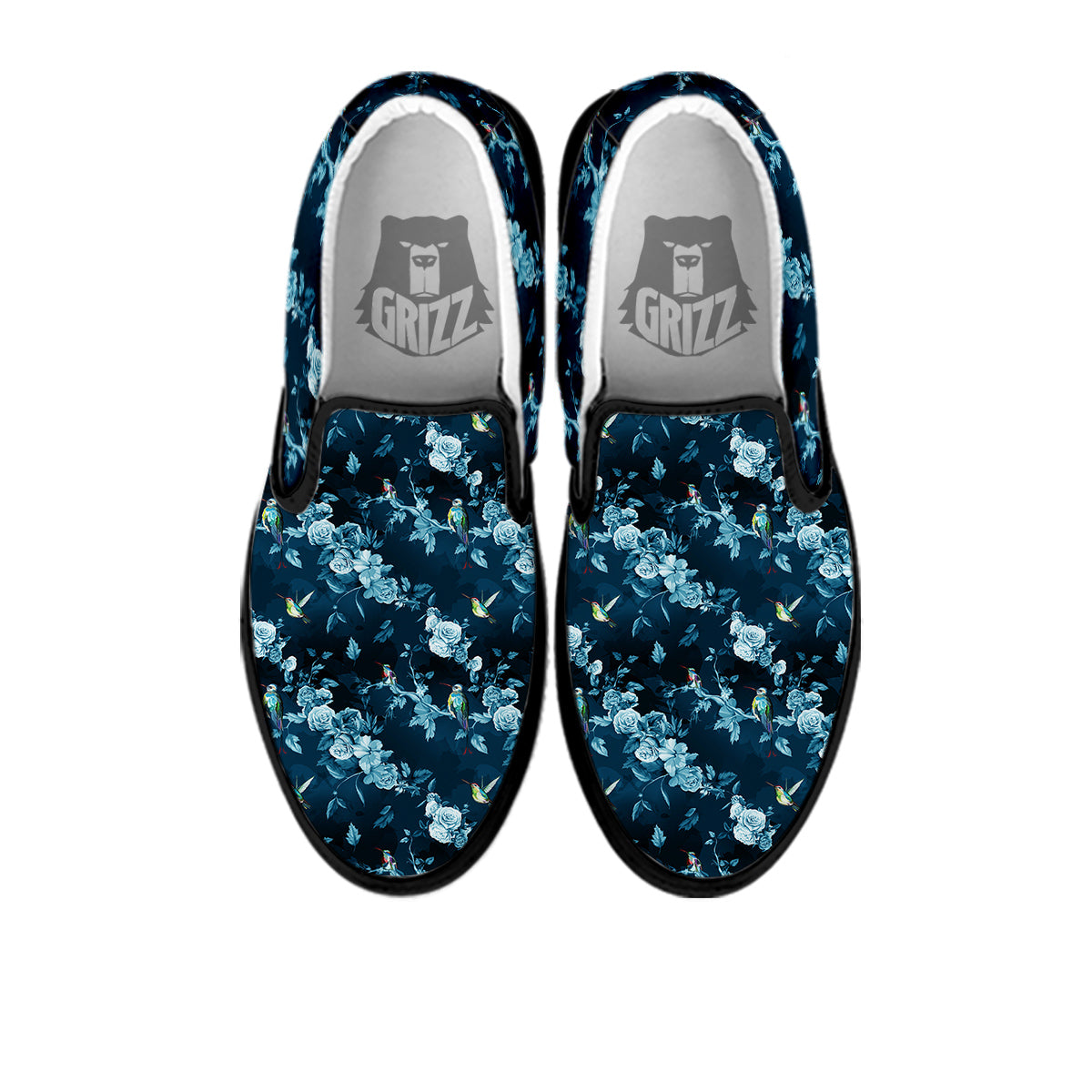 Floral Hummingbird Dark Blue Print Black Slip On Shoes-grizzshop