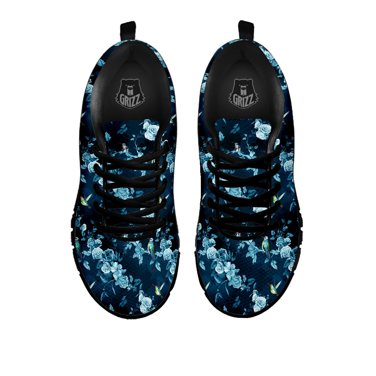 Floral Hummingbird Dark Blue Print Black Sneaker-grizzshop