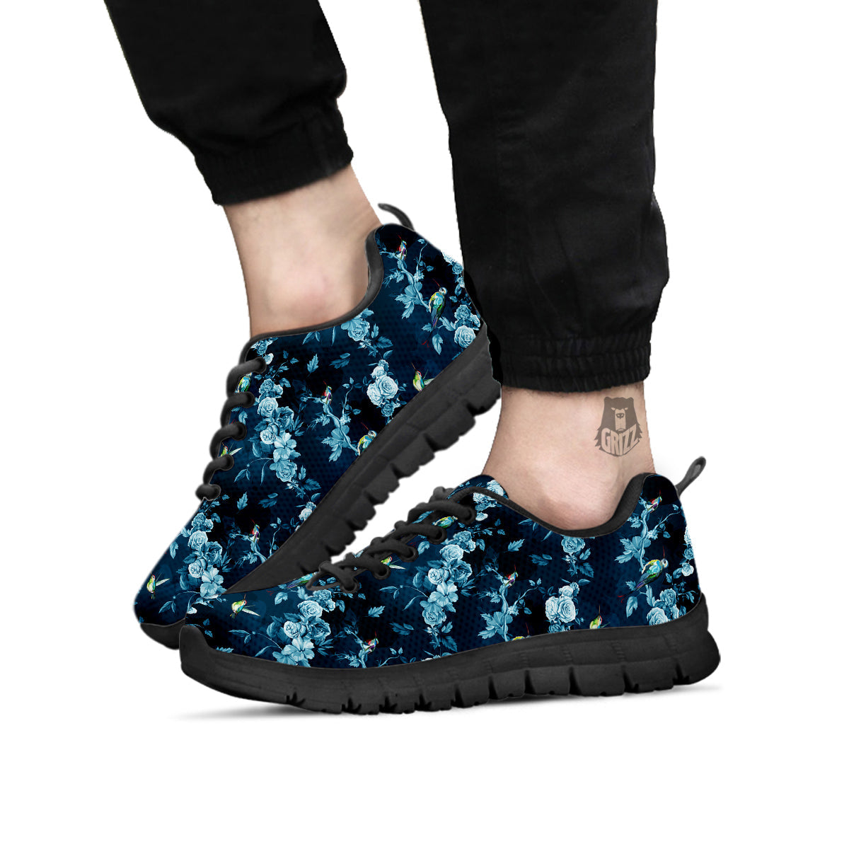 Floral Hummingbird Dark Blue Print Black Sneaker-grizzshop