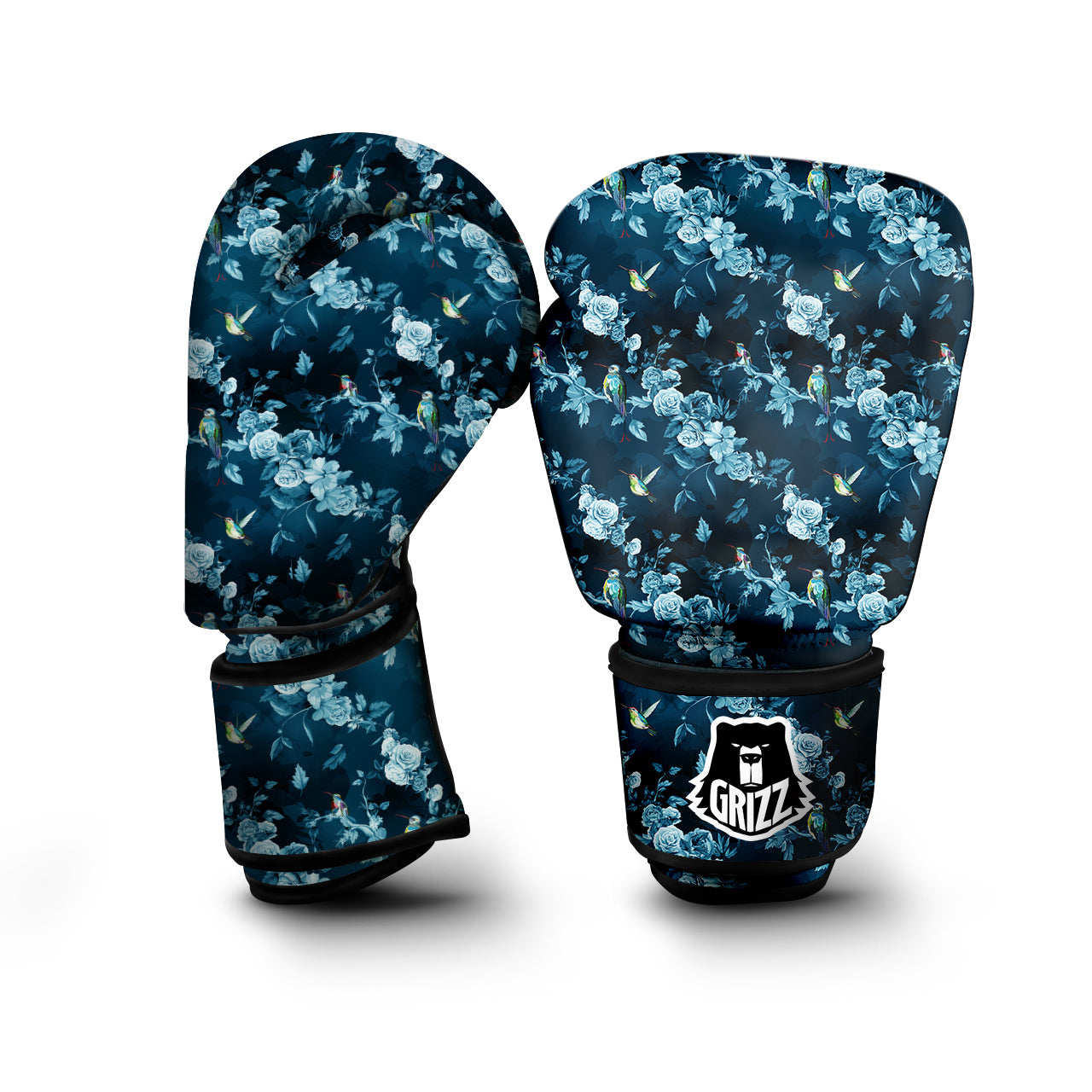 Floral Hummingbird Dark Blue Print Boxing Gloves-grizzshop