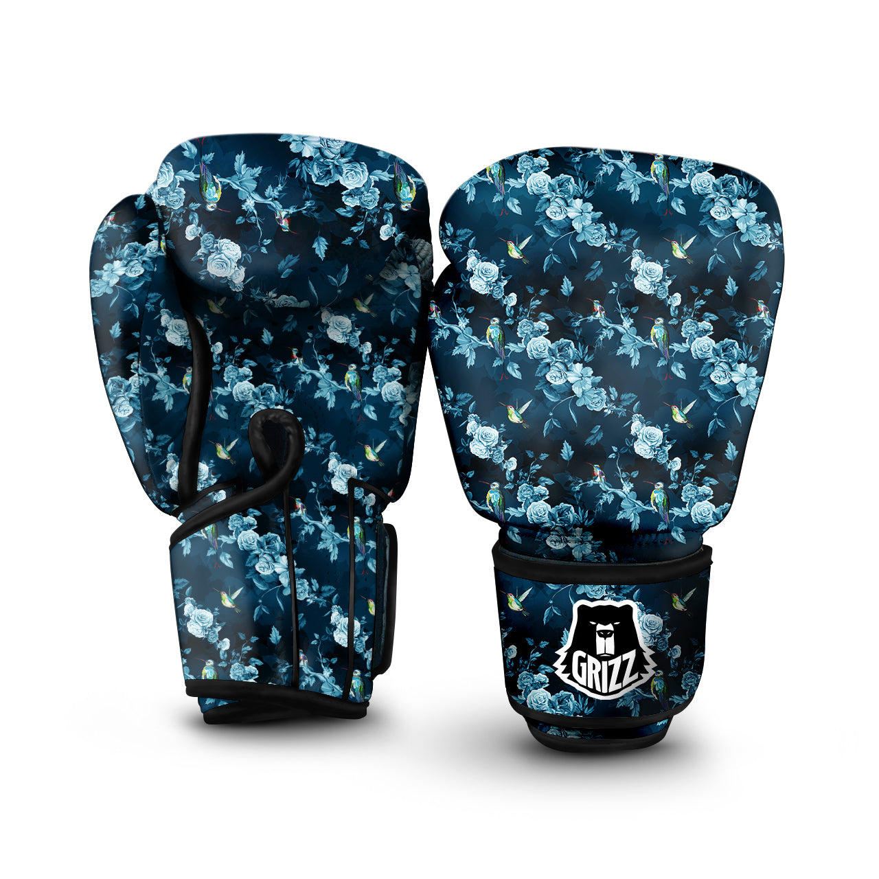 Floral Hummingbird Dark Blue Print Boxing Gloves-grizzshop