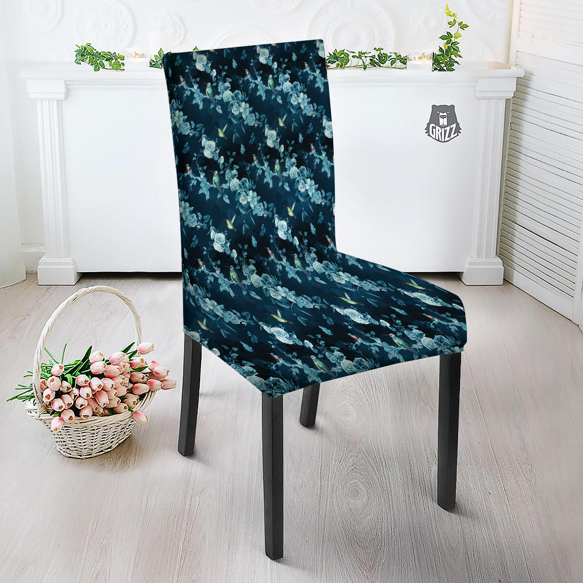 Floral Hummingbird Dark Blue Print Dining Chair Slipcover-grizzshop
