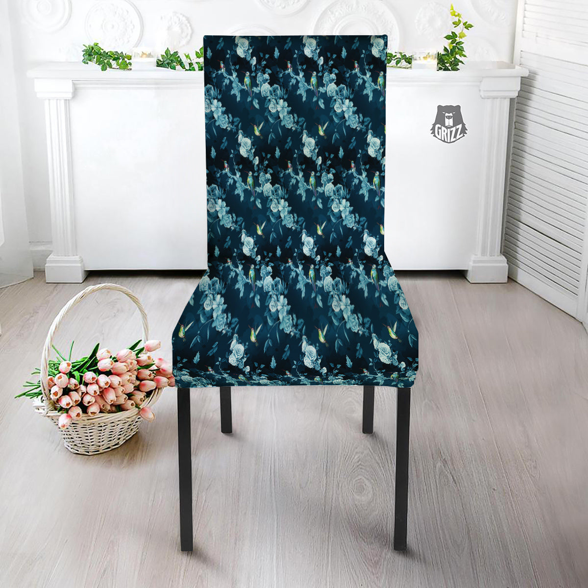 Floral Hummingbird Dark Blue Print Dining Chair Slipcover-grizzshop