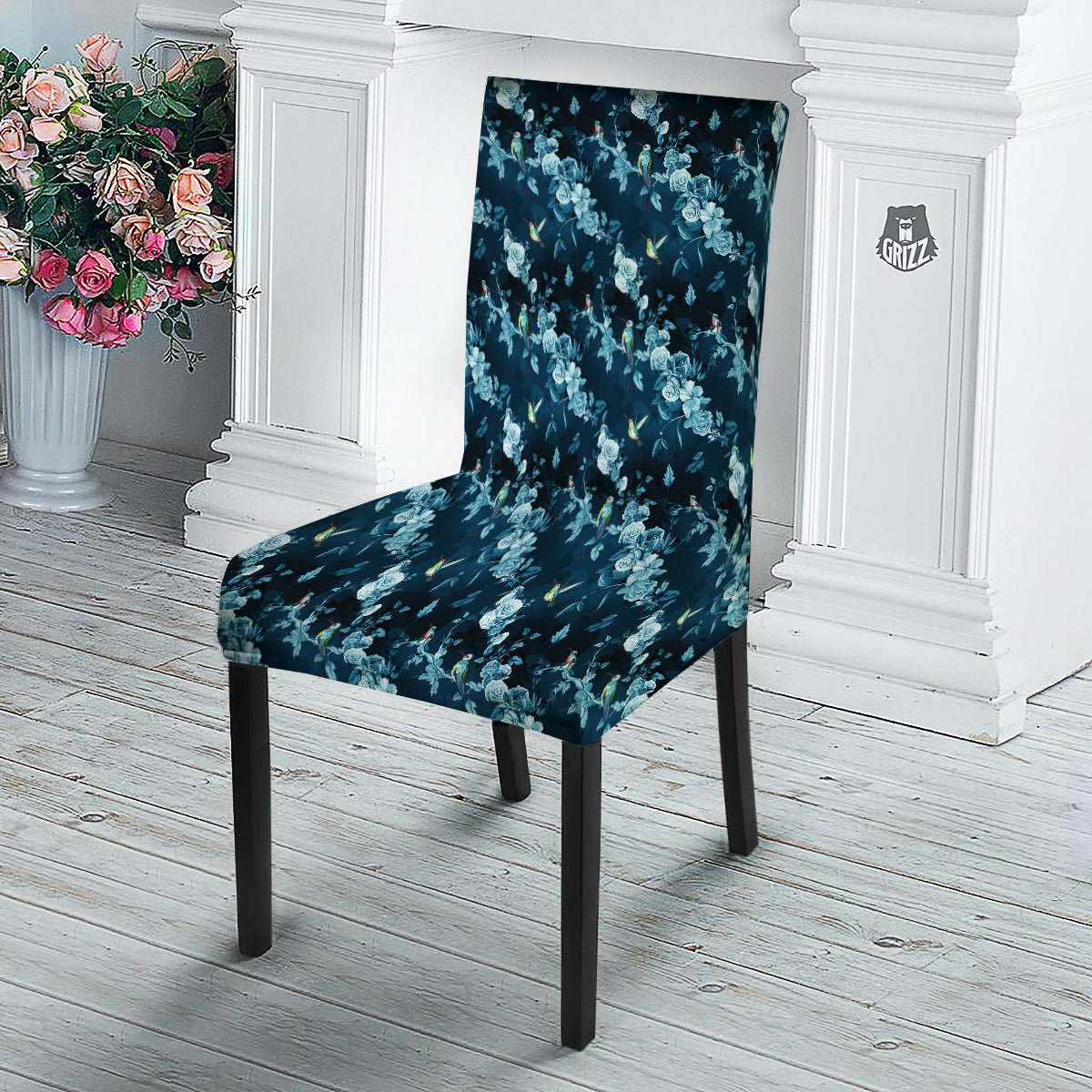 Floral Hummingbird Dark Blue Print Dining Chair Slipcover-grizzshop