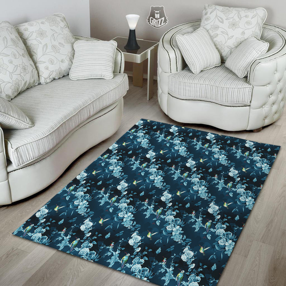 Floral Hummingbird Dark Blue Print Floor Mat-grizzshop