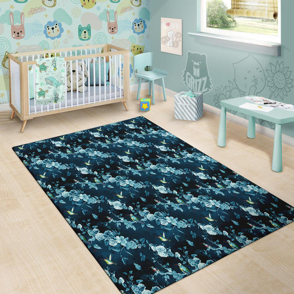 Floral Hummingbird Dark Blue Print Floor Mat-grizzshop