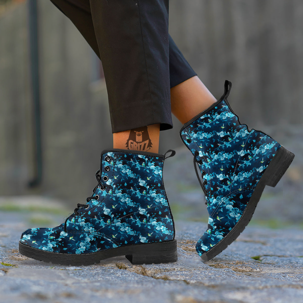 Floral Hummingbird Dark Blue Print Leather Boots-grizzshop