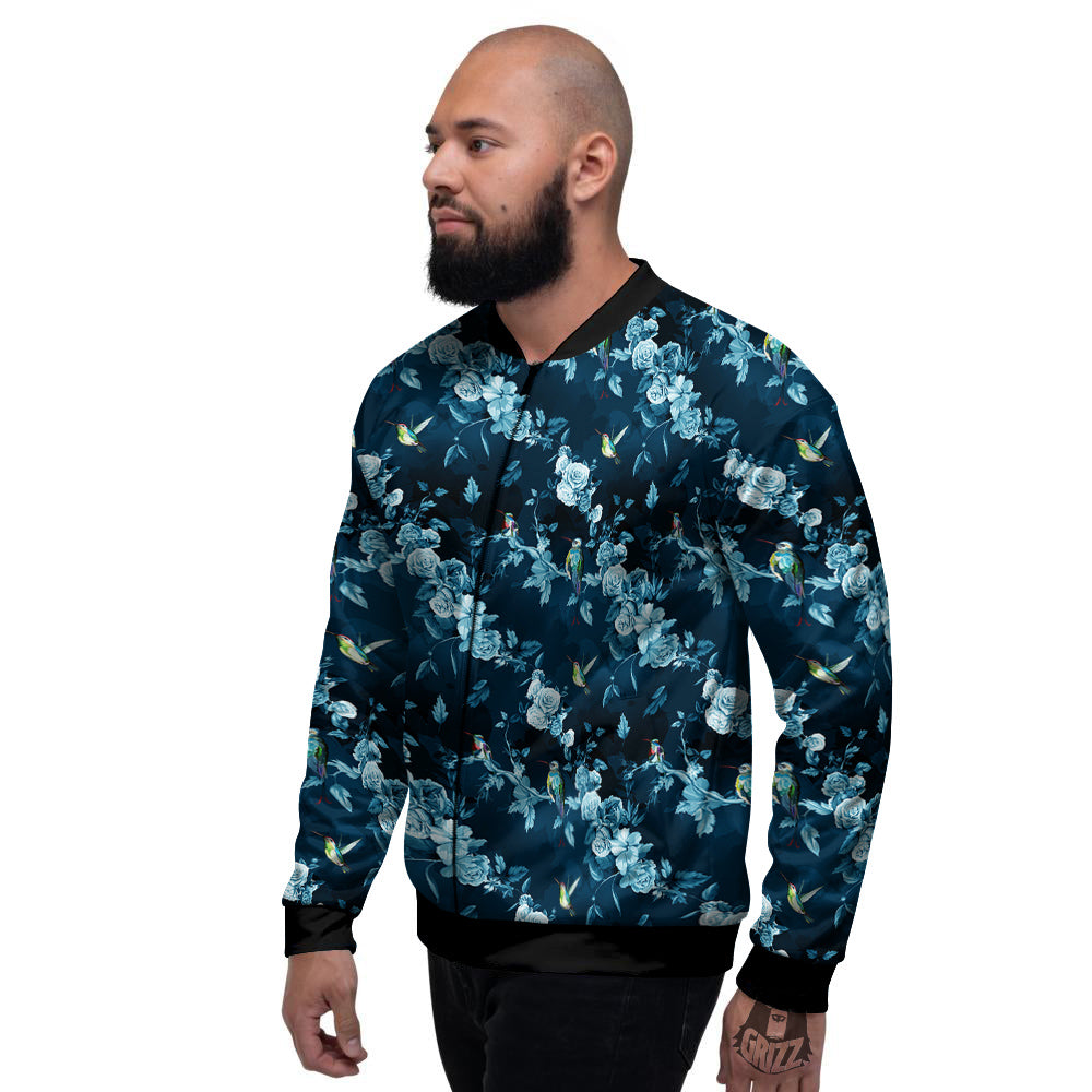 Floral Hummingbird Dark Blue Print Men's Bomber Jacket-grizzshop