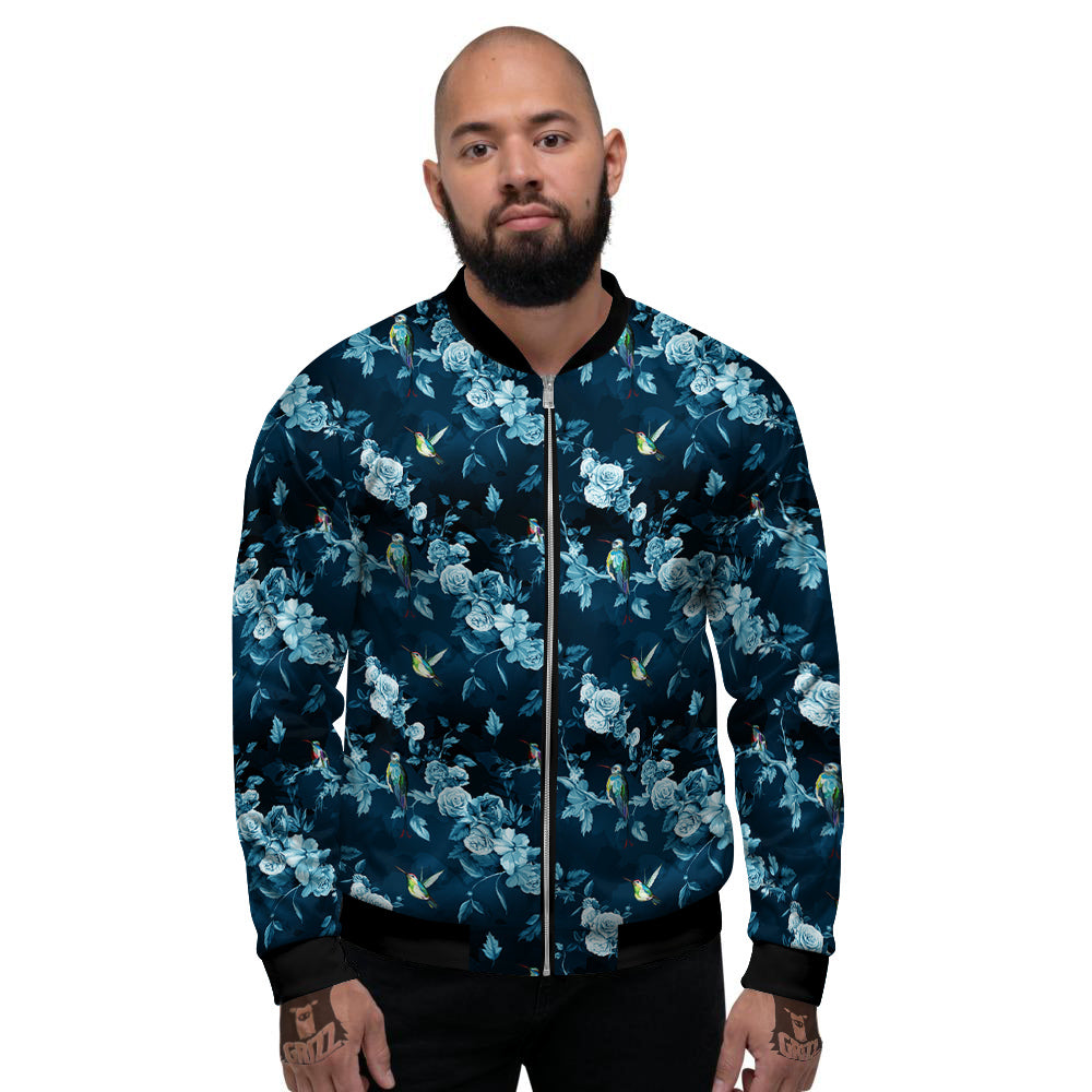 Floral Hummingbird Dark Blue Print Men's Bomber Jacket-grizzshop