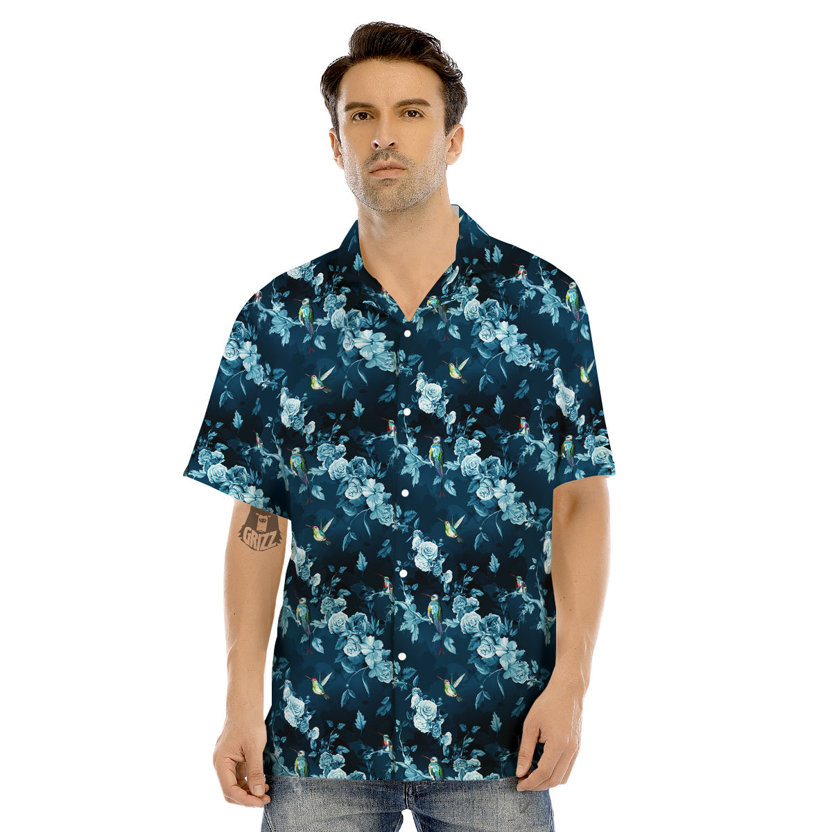 Floral Hummingbird Dark Blue Print Men's Hawaiian Shirt-grizzshop