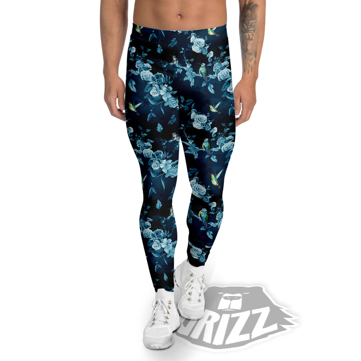 Floral Hummingbird Dark Blue Print Men's Leggings-grizzshop