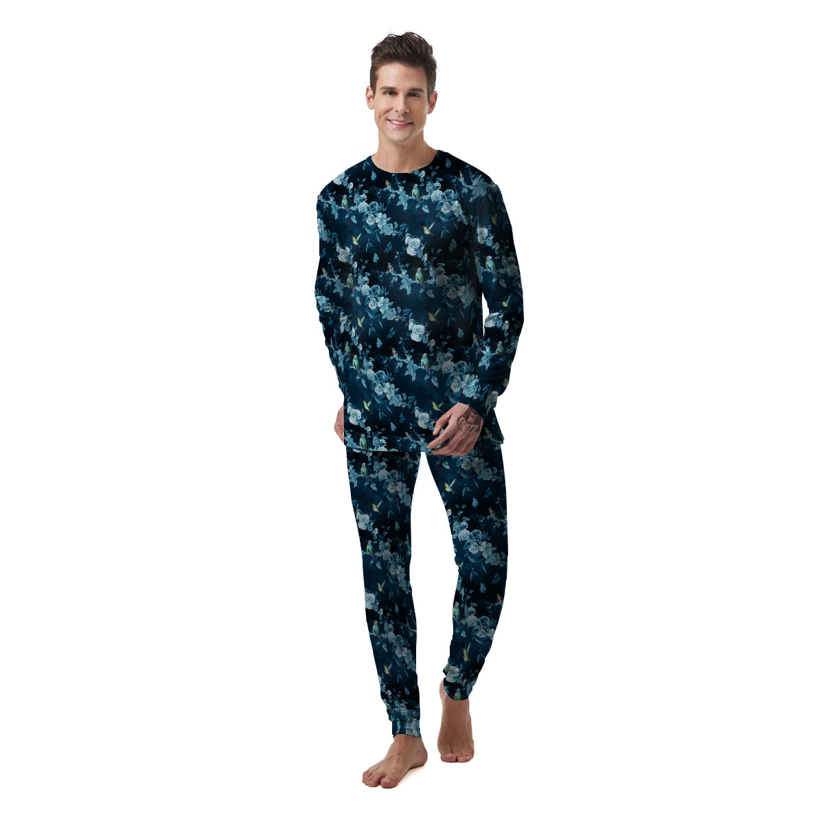 Floral Hummingbird Dark Blue Print Men's Pajamas-grizzshop