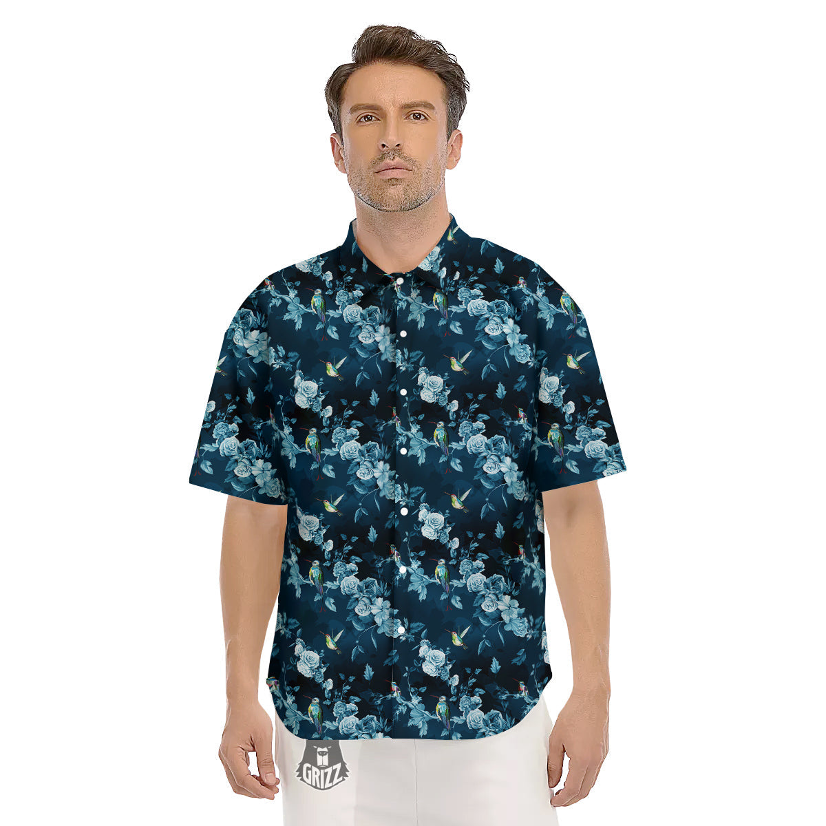 Floral Hummingbird Dark Blue Print Men's Short Sleeve Shirts-grizzshop