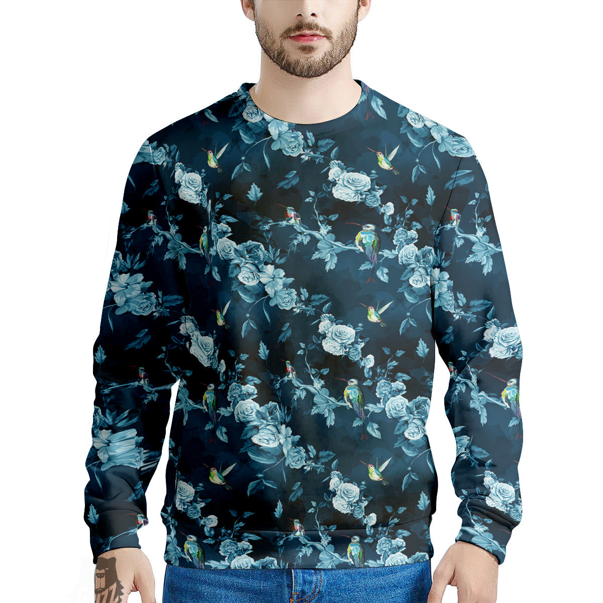 Floral Hummingbird Dark Blue Print Men's Sweatshirt-grizzshop