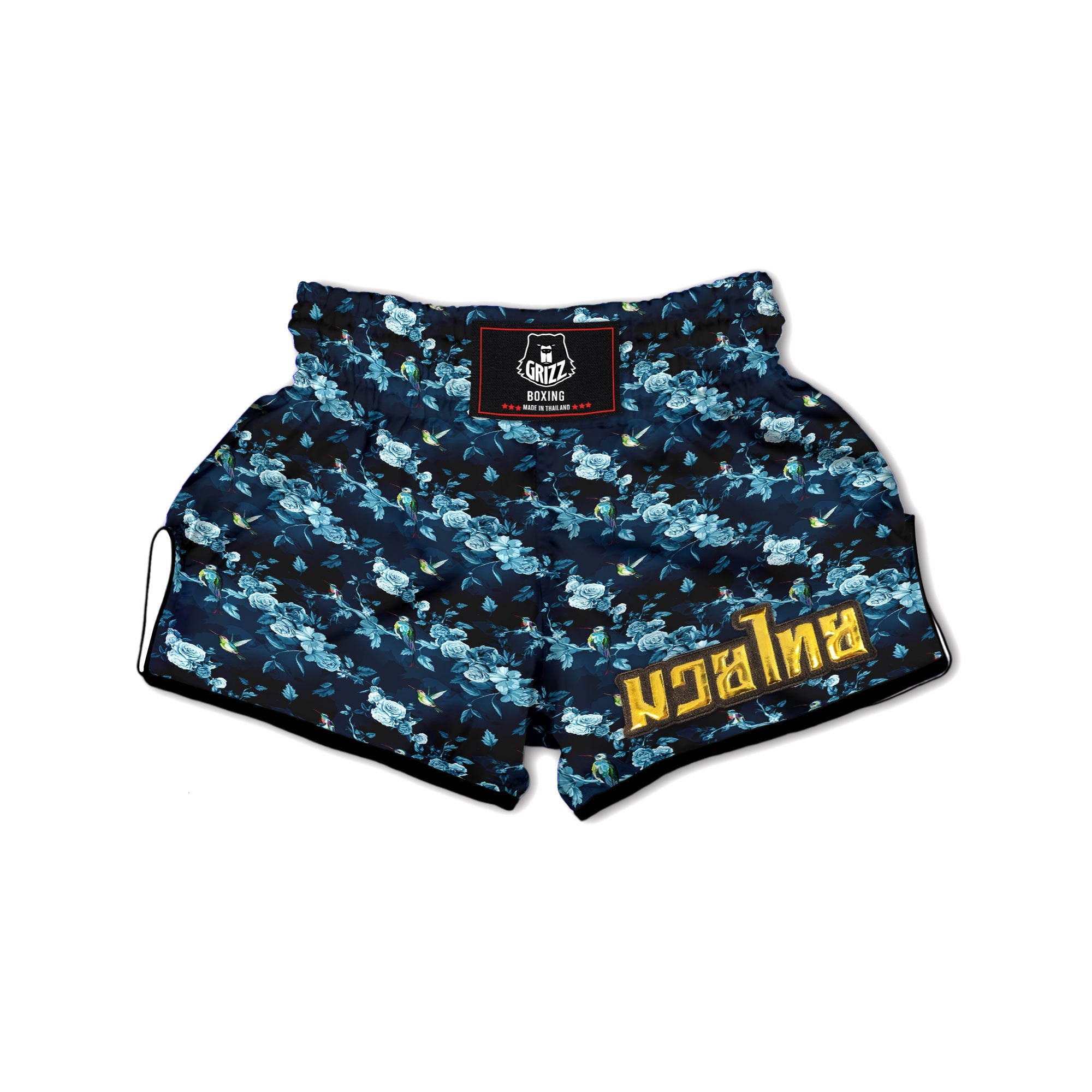 Floral Hummingbird Dark Blue Print Muay Thai Boxing Shorts-grizzshop