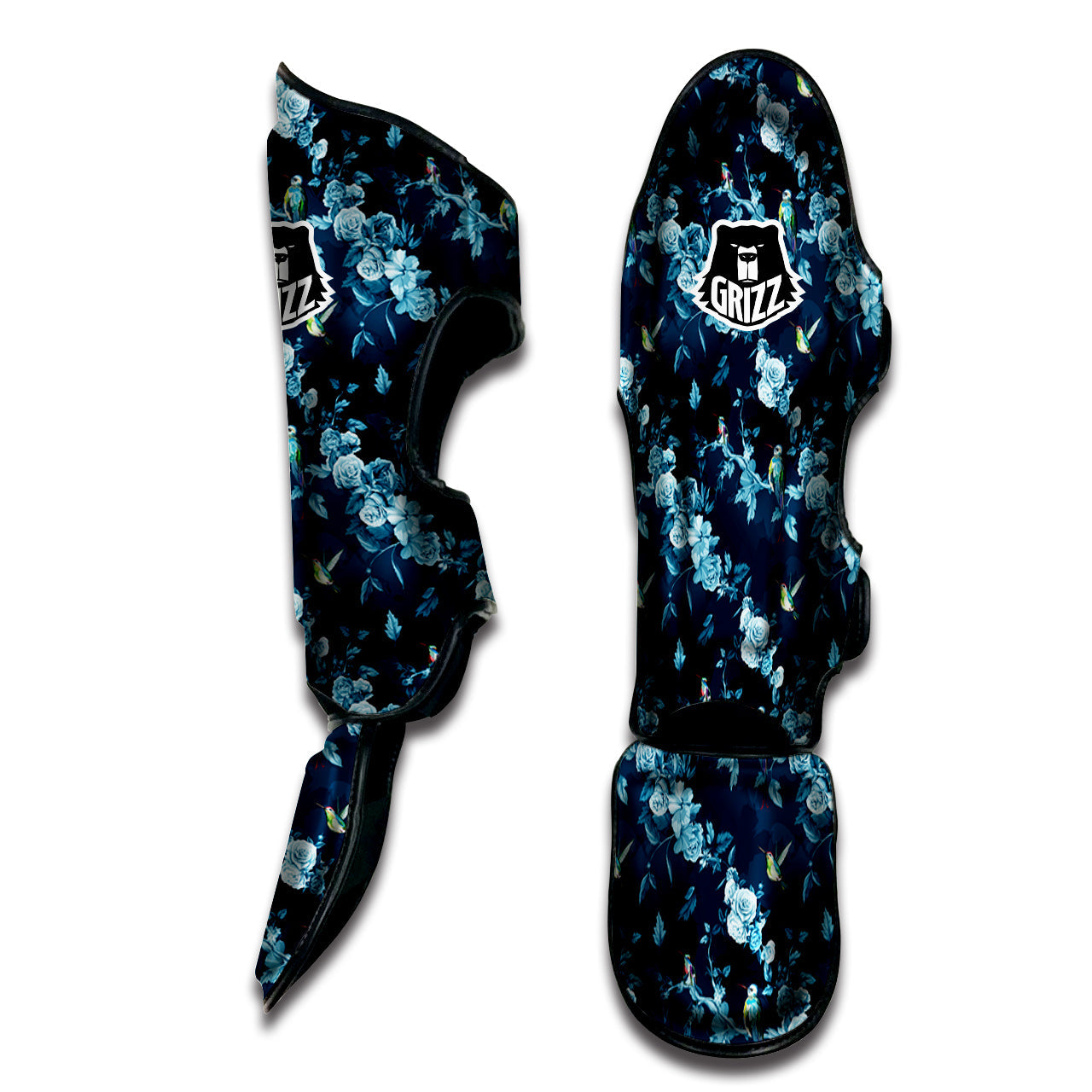 Floral Hummingbird Dark Blue Print Muay Thai Shin Guards-grizzshop