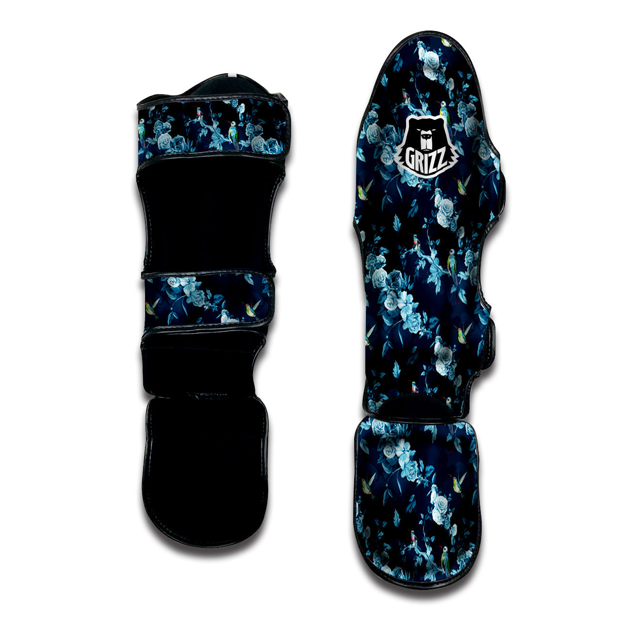 Floral Hummingbird Dark Blue Print Muay Thai Shin Guards-grizzshop