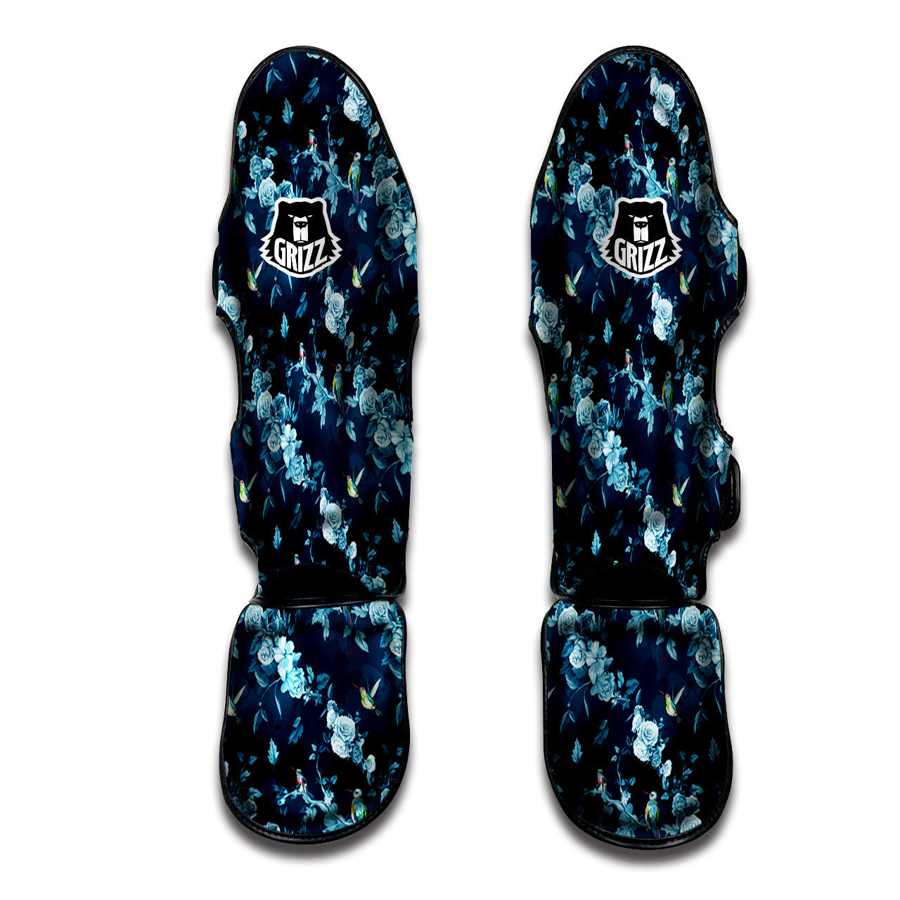 Floral Hummingbird Dark Blue Print Muay Thai Shin Guards-grizzshop