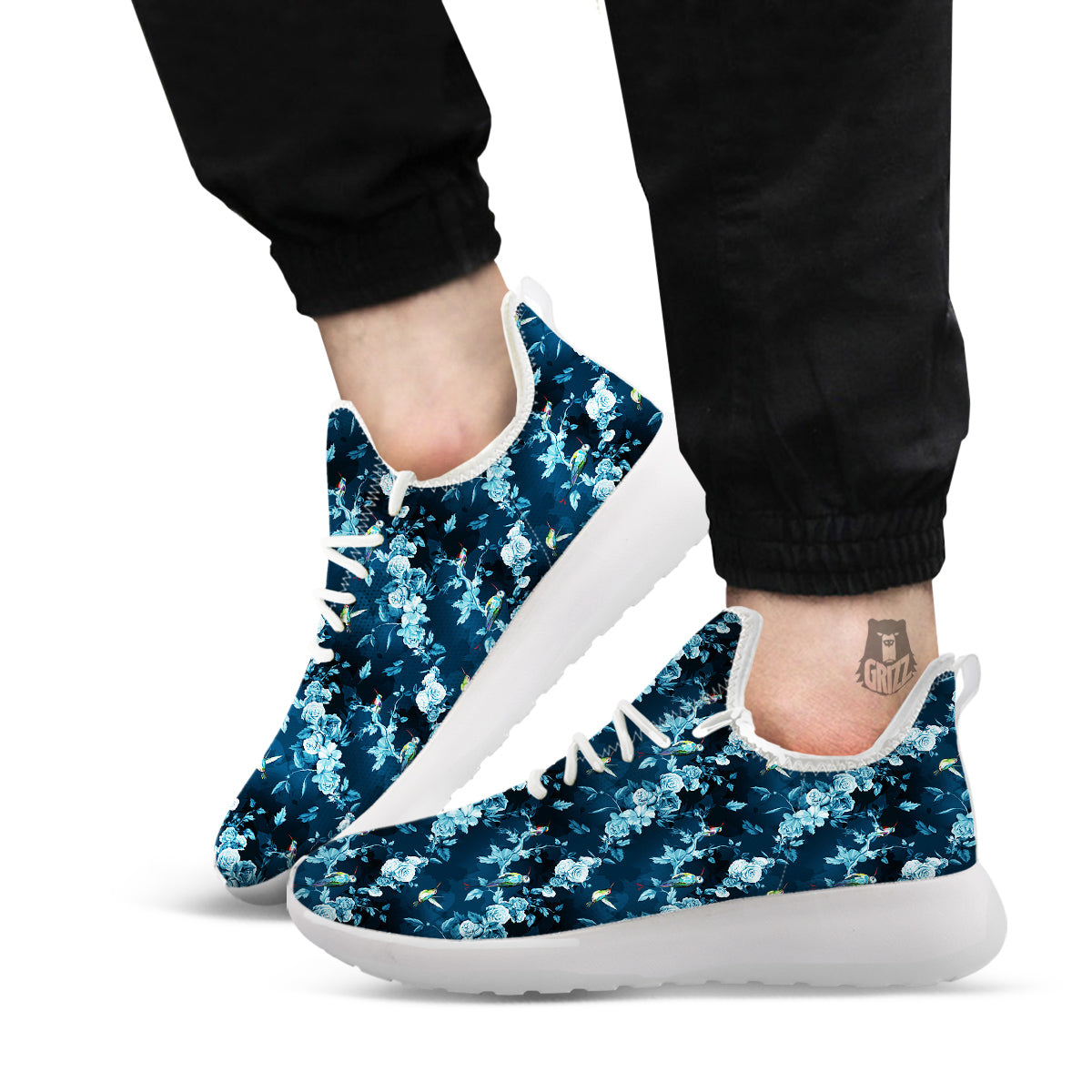 Floral Hummingbird Dark Blue Print White Athletic Shoes-grizzshop