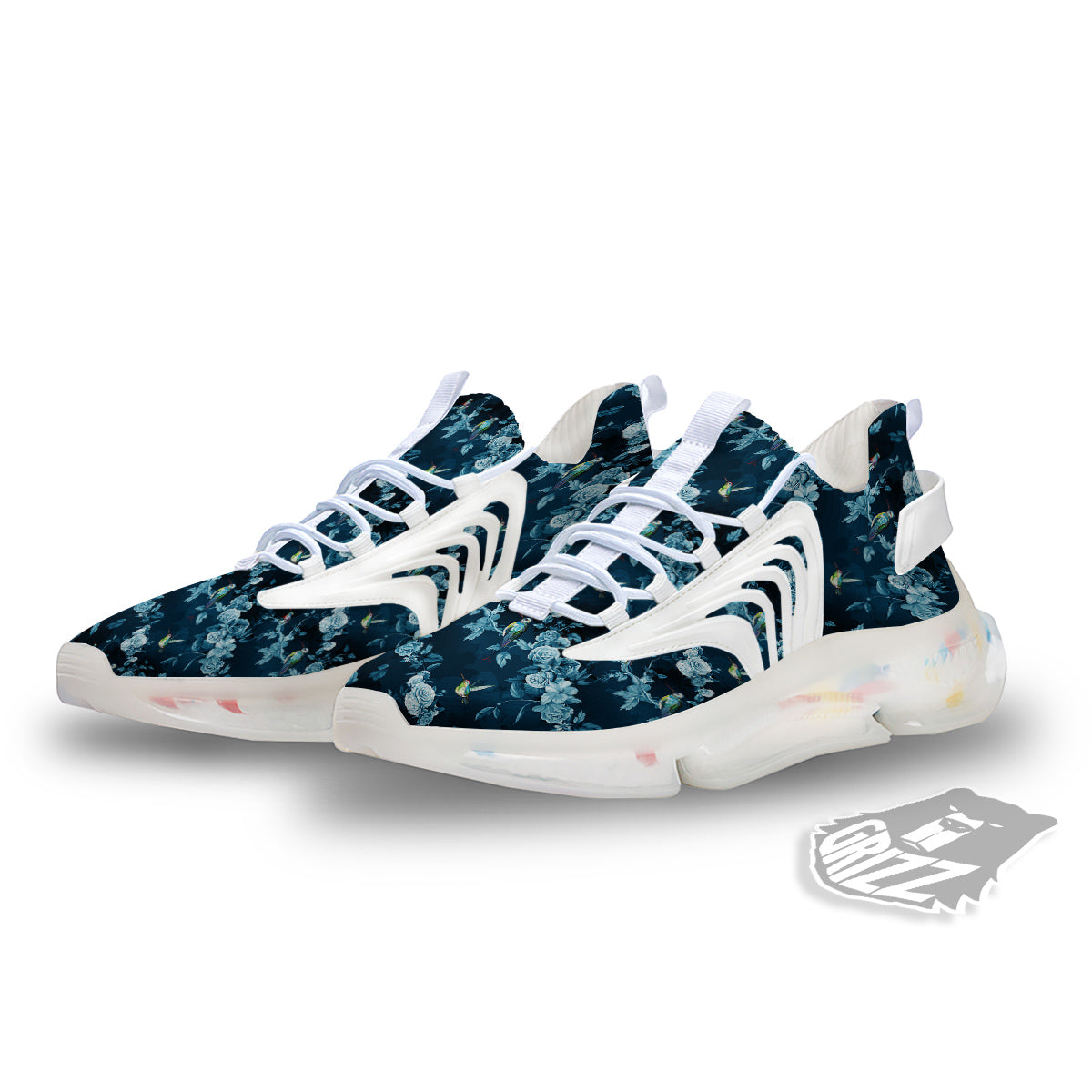 Floral Hummingbird Dark Blue Print White Gym Shoes-grizzshop