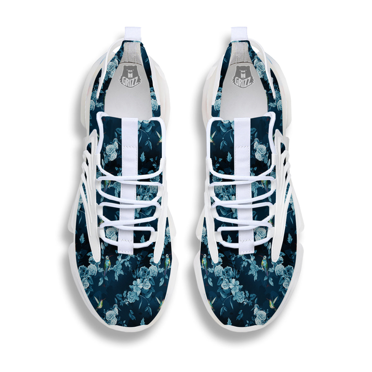 Floral Hummingbird Dark Blue Print White Gym Shoes-grizzshop