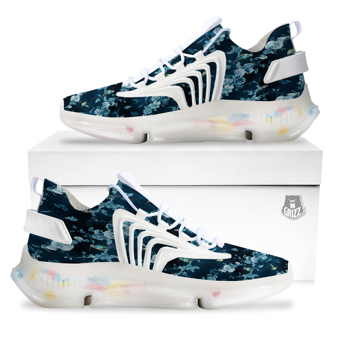 Floral Hummingbird Dark Blue Print White Gym Shoes-grizzshop