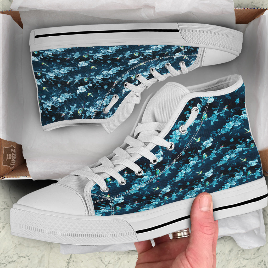 Floral Hummingbird Dark Blue Print White High Top Shoes-grizzshop