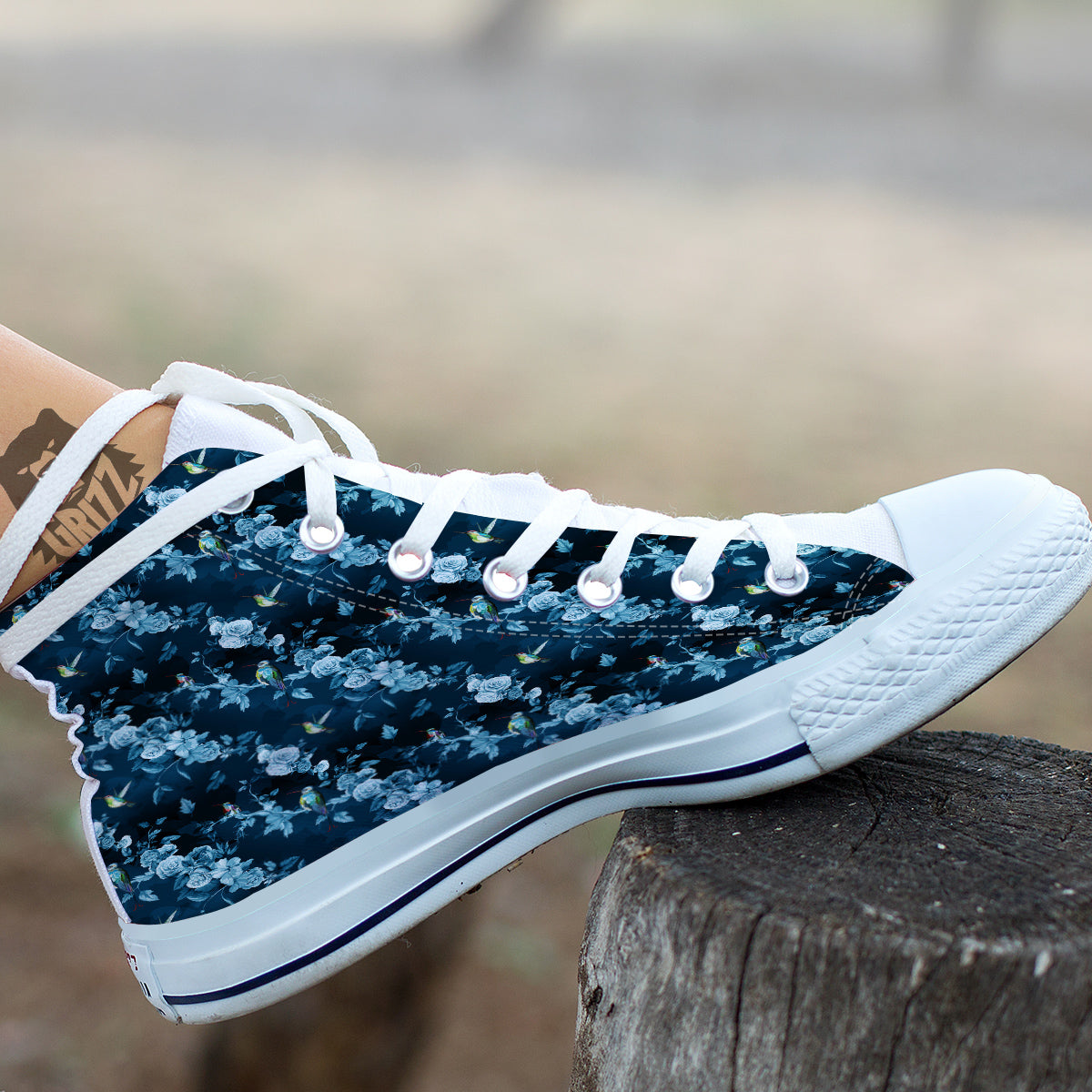 Floral Hummingbird Dark Blue Print White High Top Shoes-grizzshop