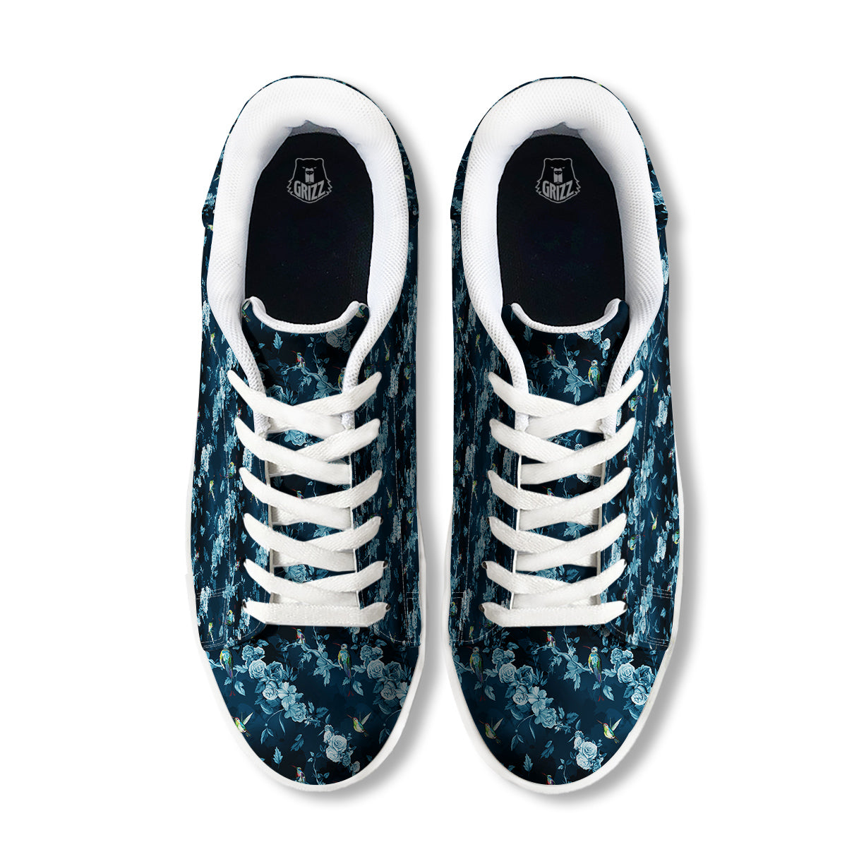 Floral Hummingbird Dark Blue Print White Low Top Sneakers-grizzshop