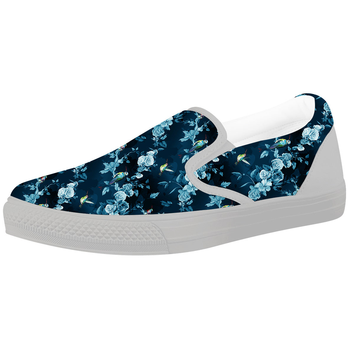 Floral Hummingbird Dark Blue Print White Slip On Shoes-grizzshop