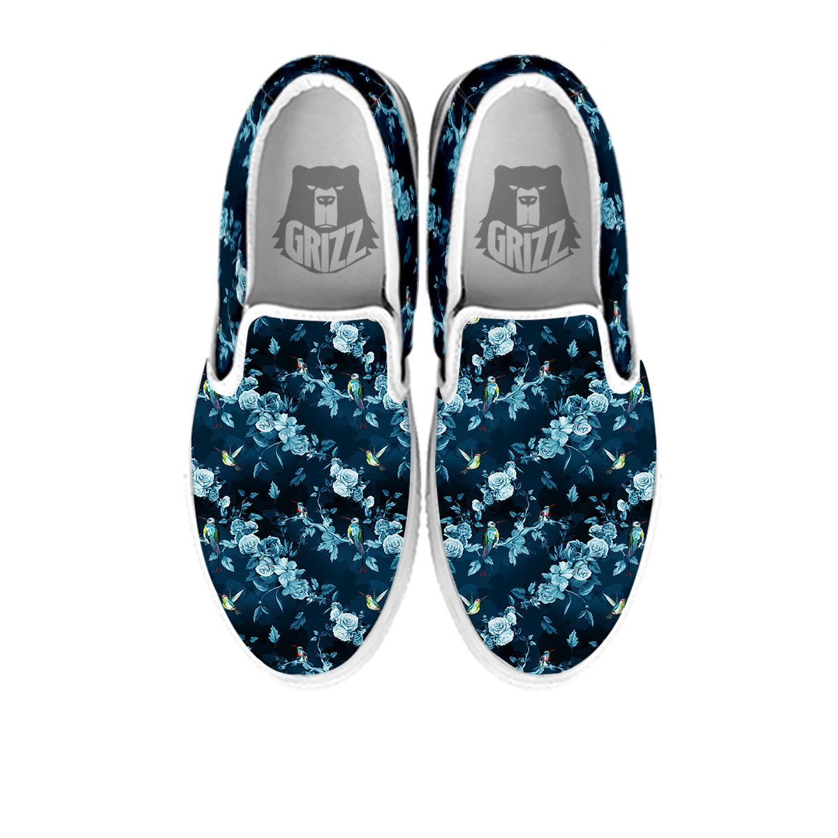 Floral Hummingbird Dark Blue Print White Slip On Shoes-grizzshop